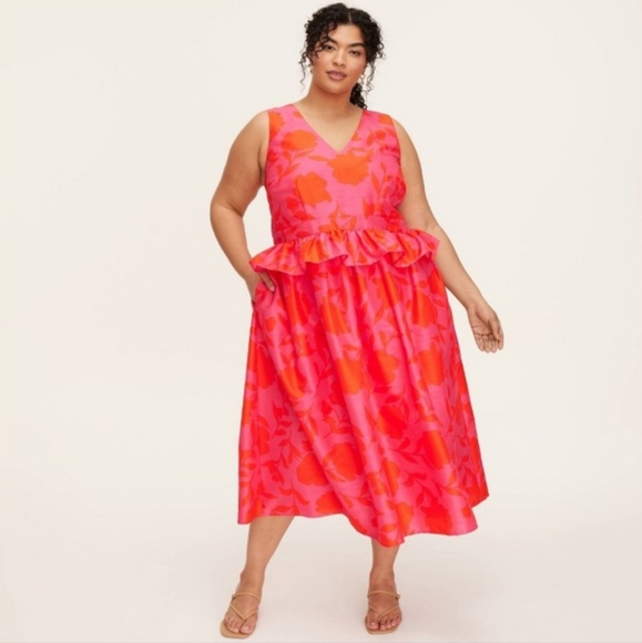 NWT Kate Spade for Target Peplum Floral Print Dress Midi Orange Pink Women's 22 - Picture 1 of 13